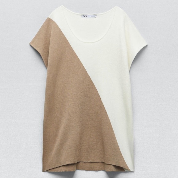 Zara Color Block Stretch Knit Neutral Short Sleeve Tunic Top L - Picture 1 of 4